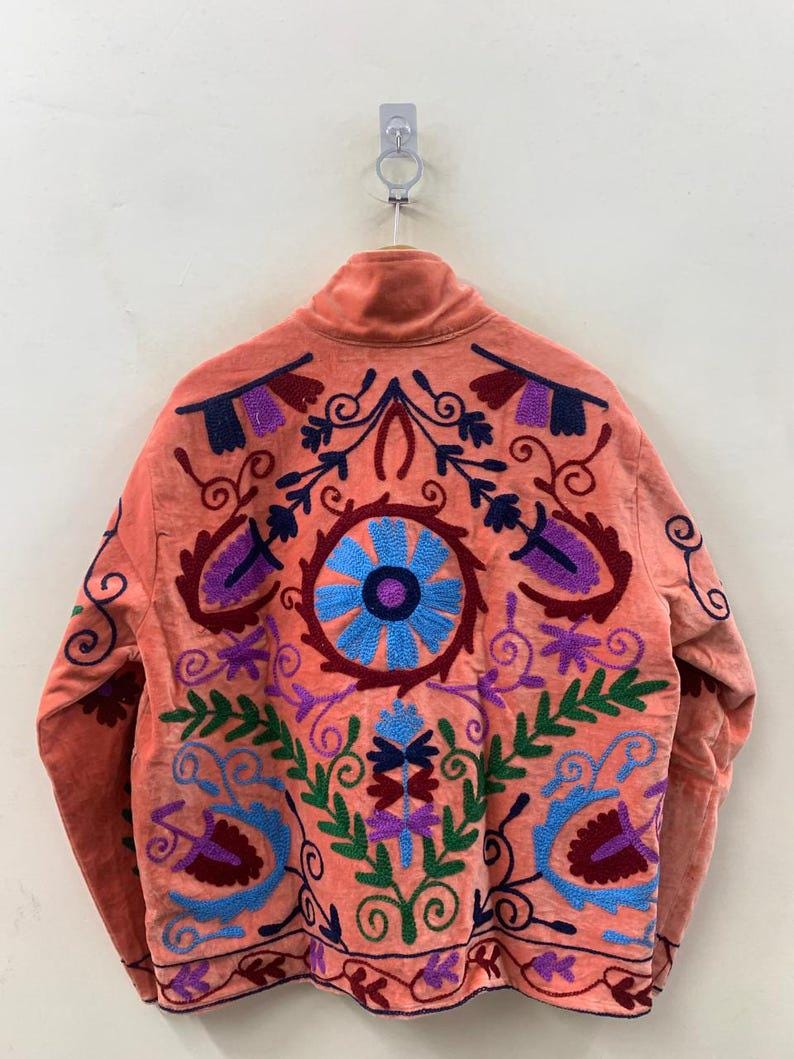 Embroidered Velvet Suzani Jacket | Bohemian Floral Indian Outerwear, Cropped Style Bohozani