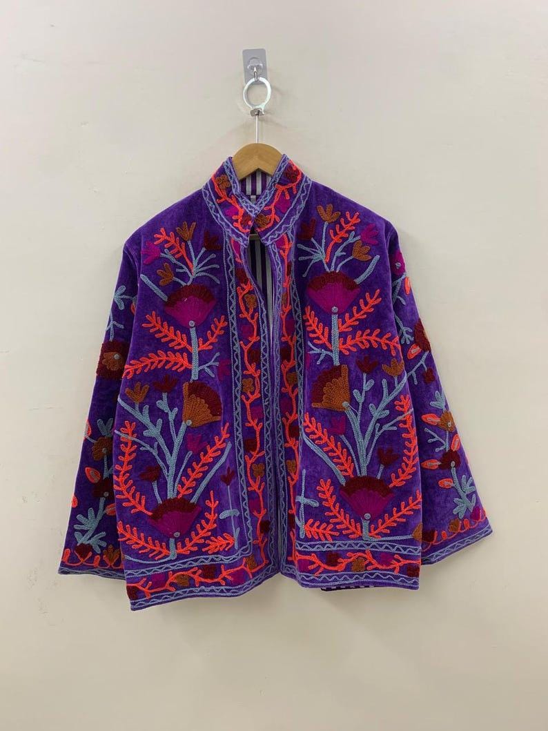 Unique Purple Color Velvet Suzani Jacket – Hand-Embroidered Boho Ethnic Kimono Outerwear Bohozani