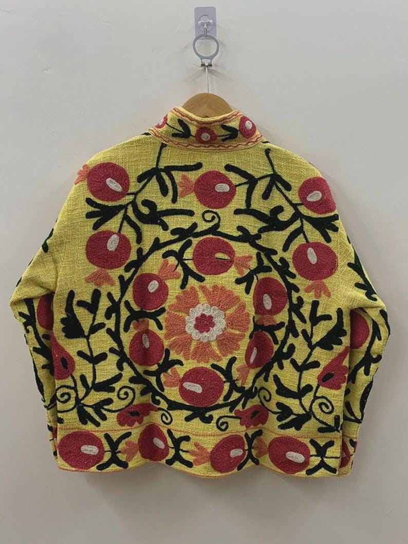 Embroidered Cotton Velvet Jacket | Floral Folk Art Suzani Duster, Bohemian Style Bohozani