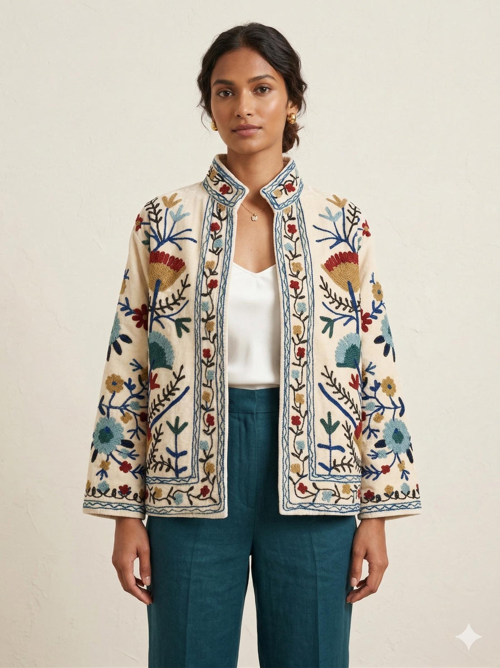 White Velvet Suzani Jacket – Hand-Embroidered Boho Ethnic Kimono Outerwear Bohozani