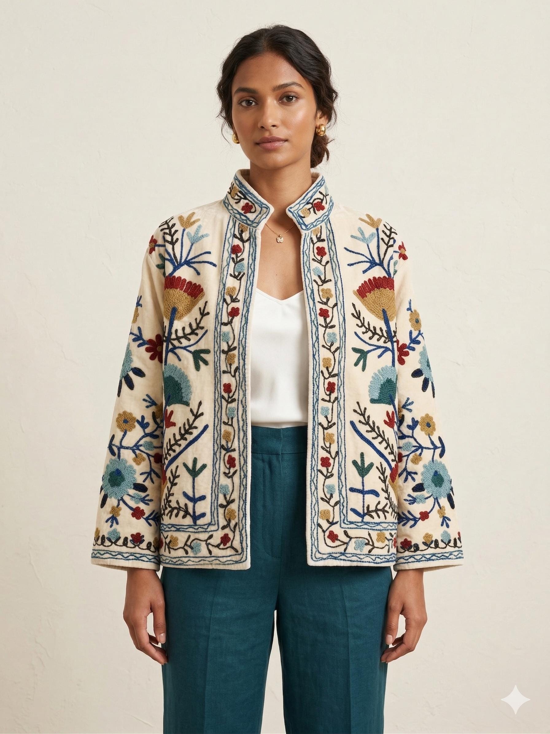 White Velvet Suzani Jacket – Hand-Embroidered Boho Ethnic Kimono Outerwear Bohozani