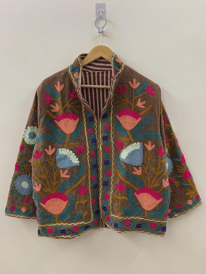 Embroidered Velvet Cropped Jacket | Colorful Suzani Floral Outerwear, Boho Style Bohozani