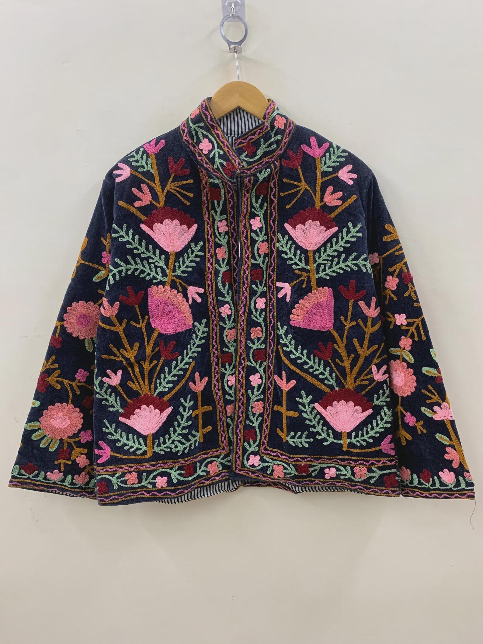 Suzani Embroidered Velvet Jacket | Short Bohemian Festival Coat, Ethnic Kimono Style Bohozani