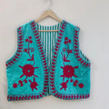 Blue Suzani Velvet Vest | Boho Floral Embroidered Waistcoat | Ethnic Gilet Bohozani
