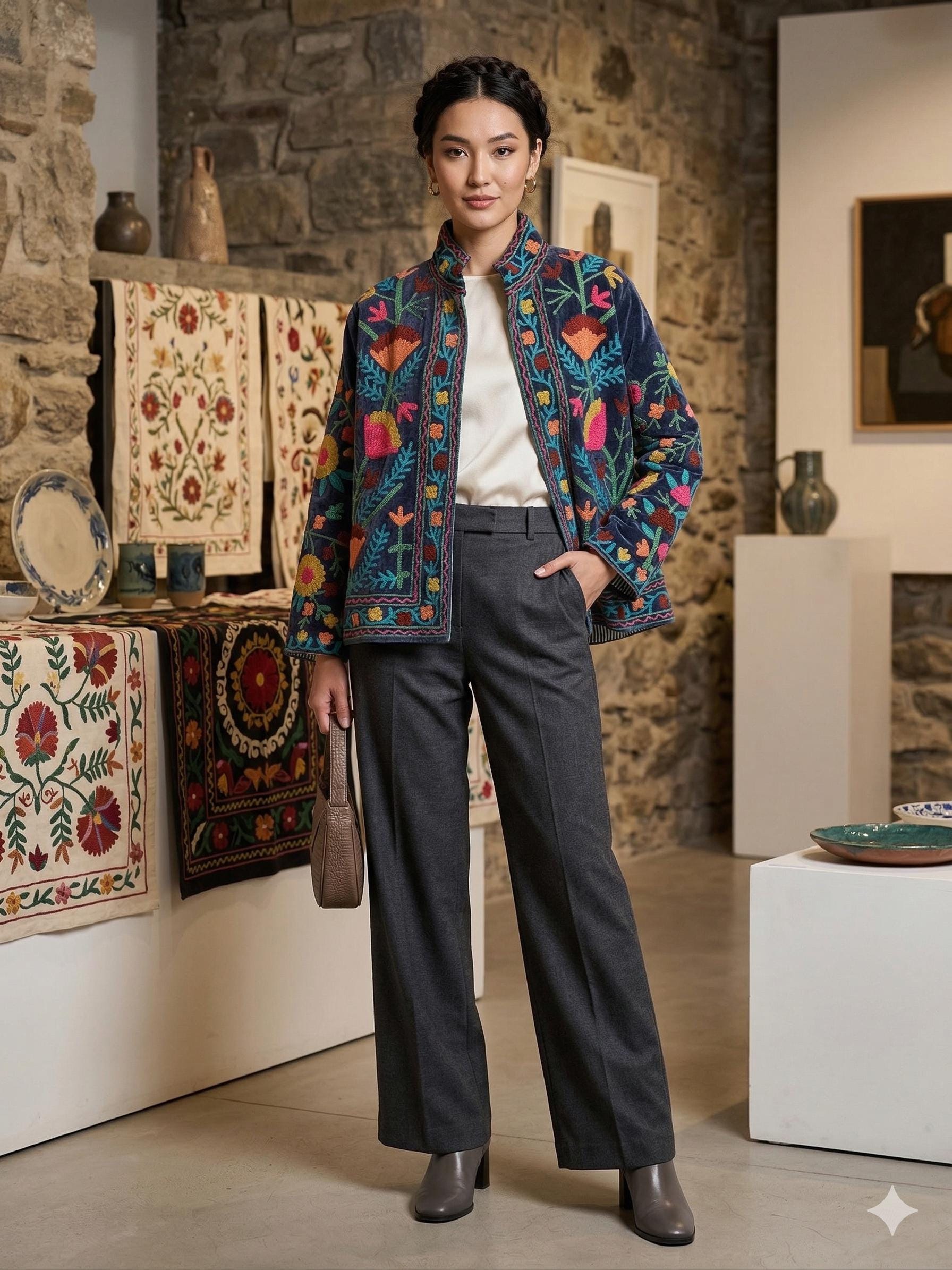 Handmade Velvet Suzani Jacket: Embroidered Bohemian Coat Bohozani