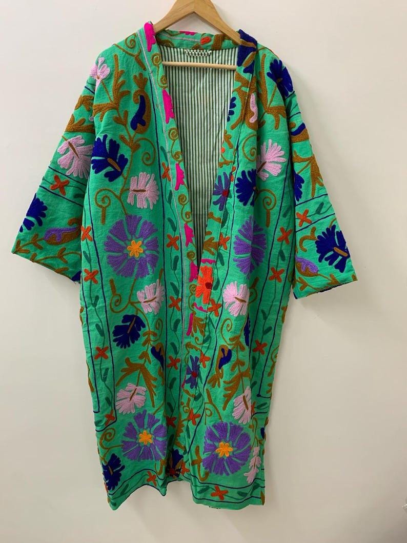 Green Floral Suzani Kimono Jacket | Embroidered Velvet Boho Robe Bohozani