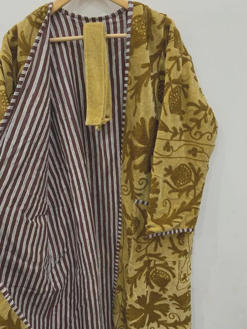 Green Floral Suzani Kimono Jacket | Embroidered Velvet Boho Robe Bohozani