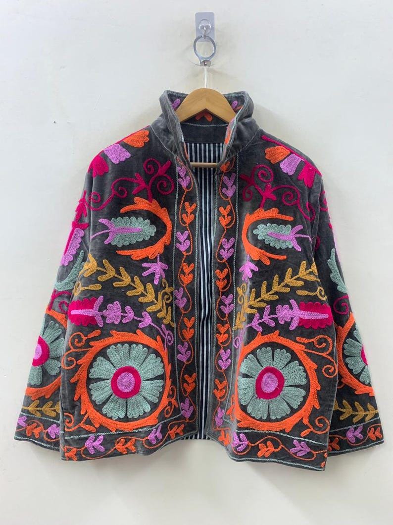 Hand Embroidered Velvet Suzani Jacket – Vintage-Inspired Artisan Coat-Gift For Her Bohozani