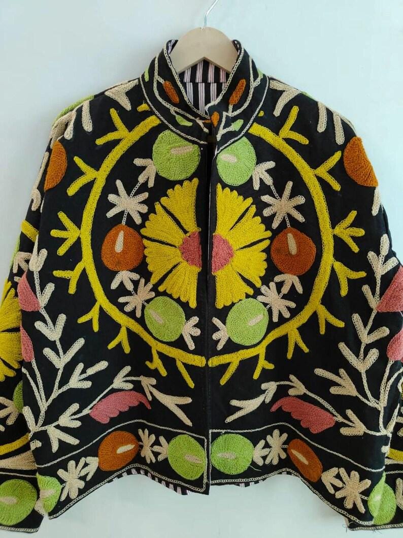Black Suzani Velvet Jacket, Vintage Boho Floral Embroidered Coat, Ethnic Chic Outerwear Bohozani