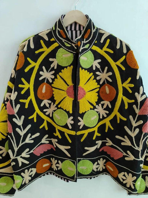 Black Suzani Velvet Jacket, Vintage Boho Floral Embroidered Coat, Ethnic Chic Outerwear Bohozani