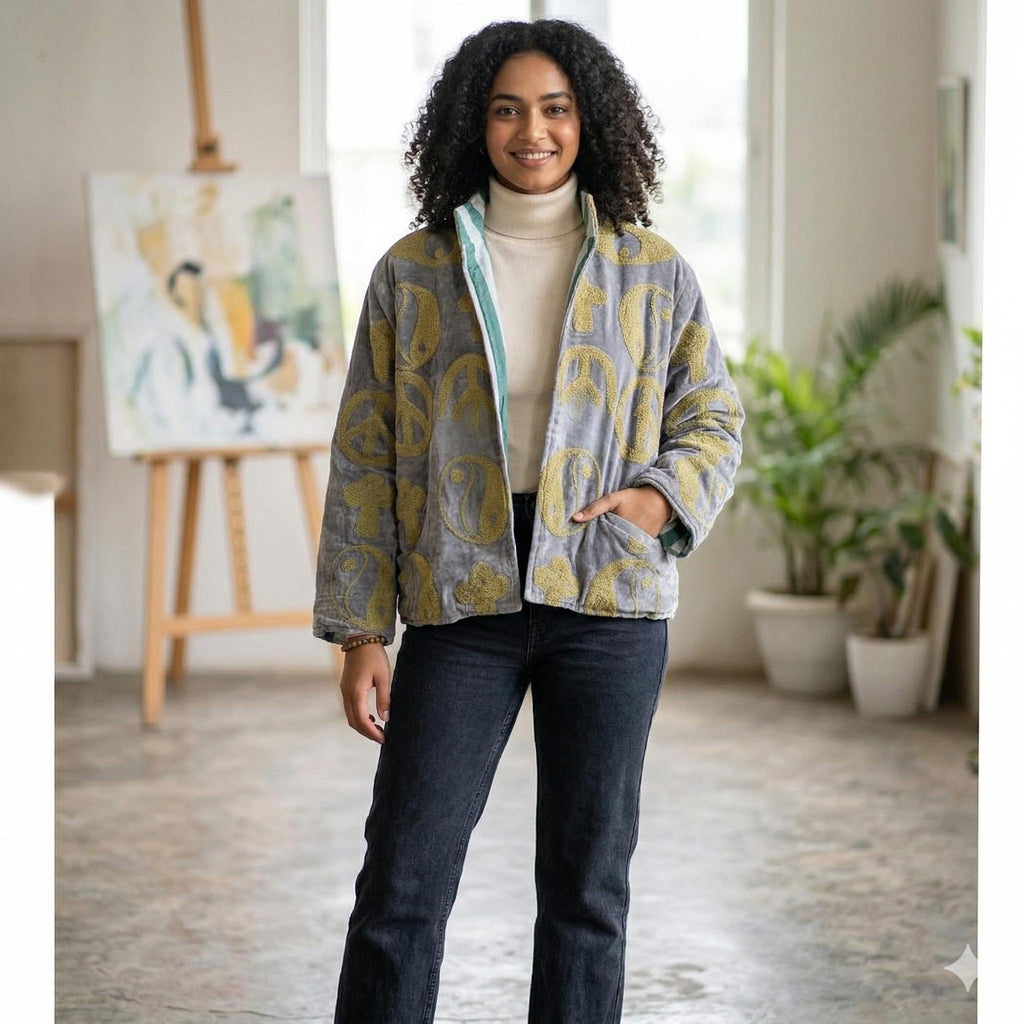Embroidered Velvet Cropped Jacket | Suzani Floral Boho Outerwear Bohozani