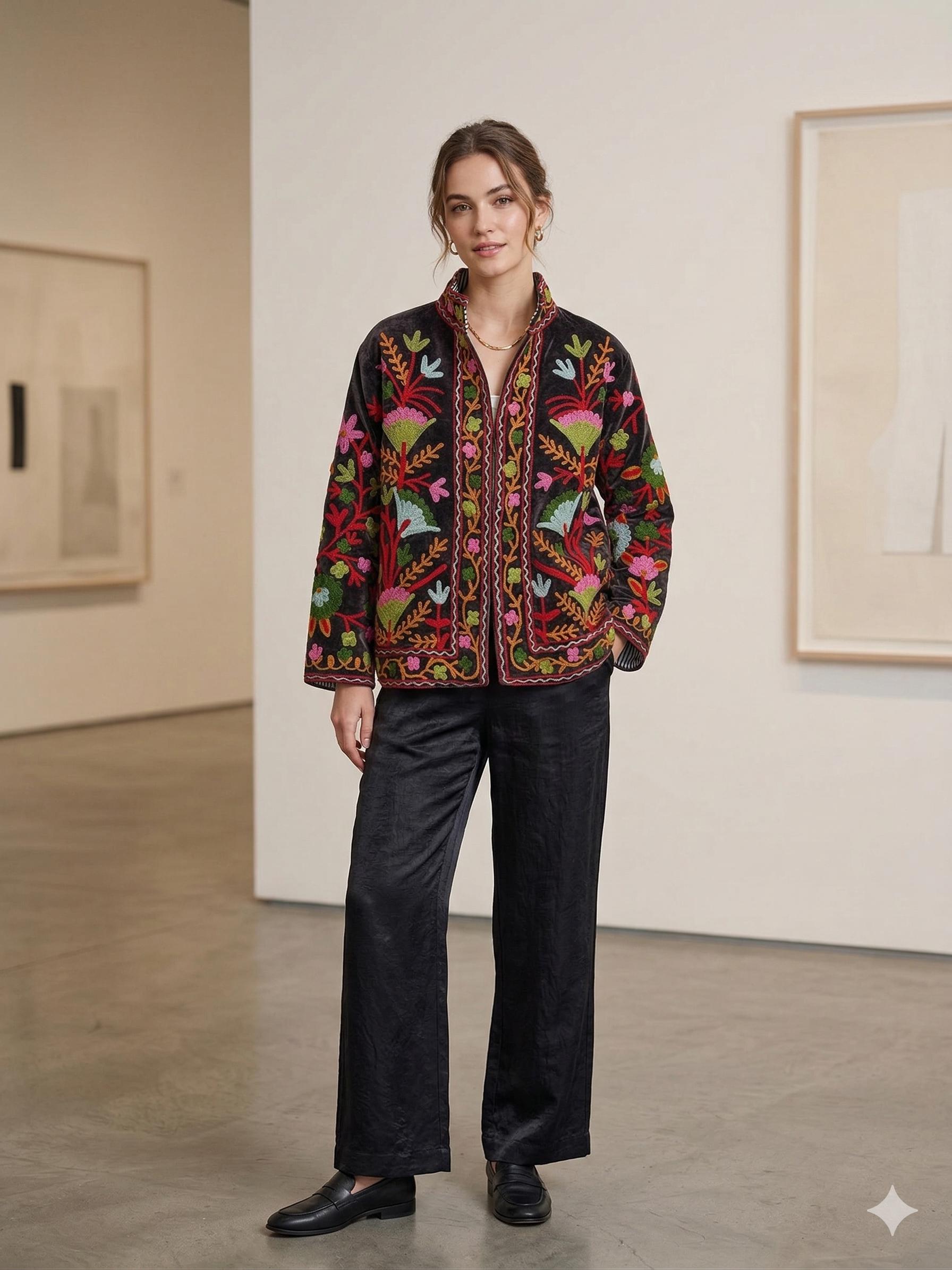 Embroidered Velvet Kimono Jacket | Suzani Floral Boho Outerwear Bohozani