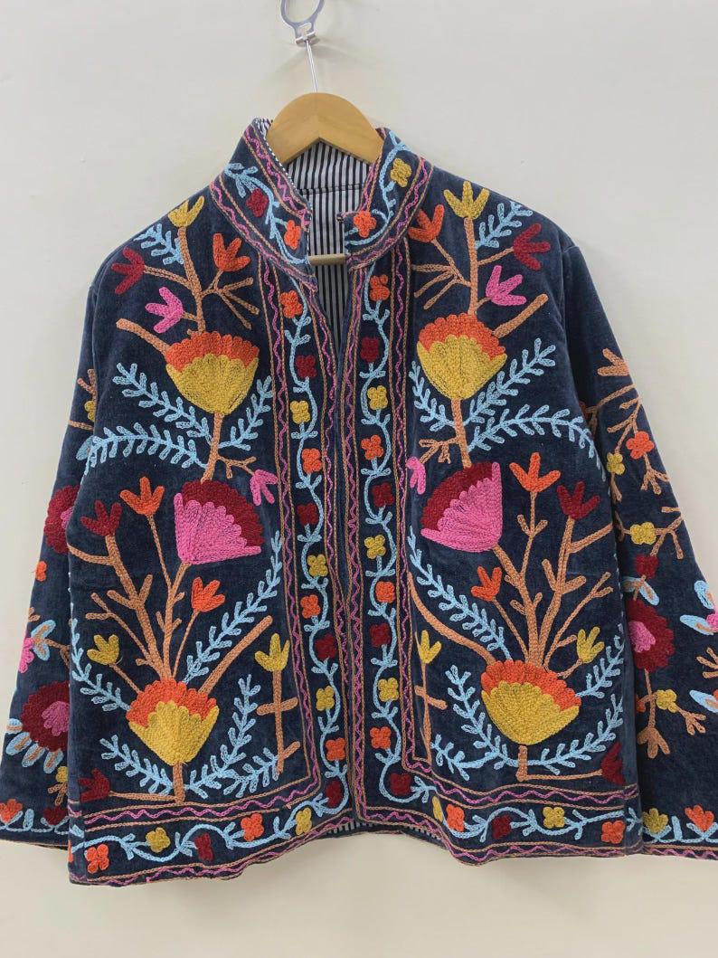 Floral Suzani Embroidered Velvet Jacket, Boho Winter Coat Bohozani