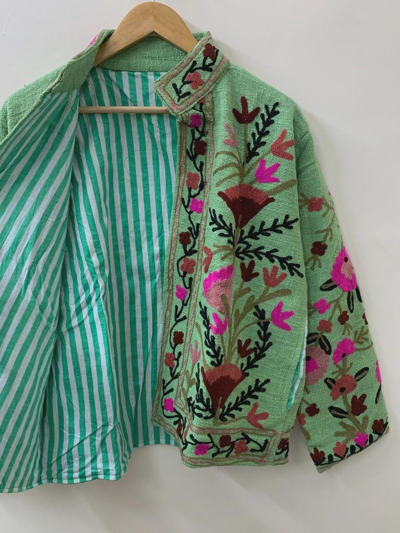 Embroidered Velvet Jacket, Green Floral Suzani Outerwear, Bohemian Style Coat Bohozani