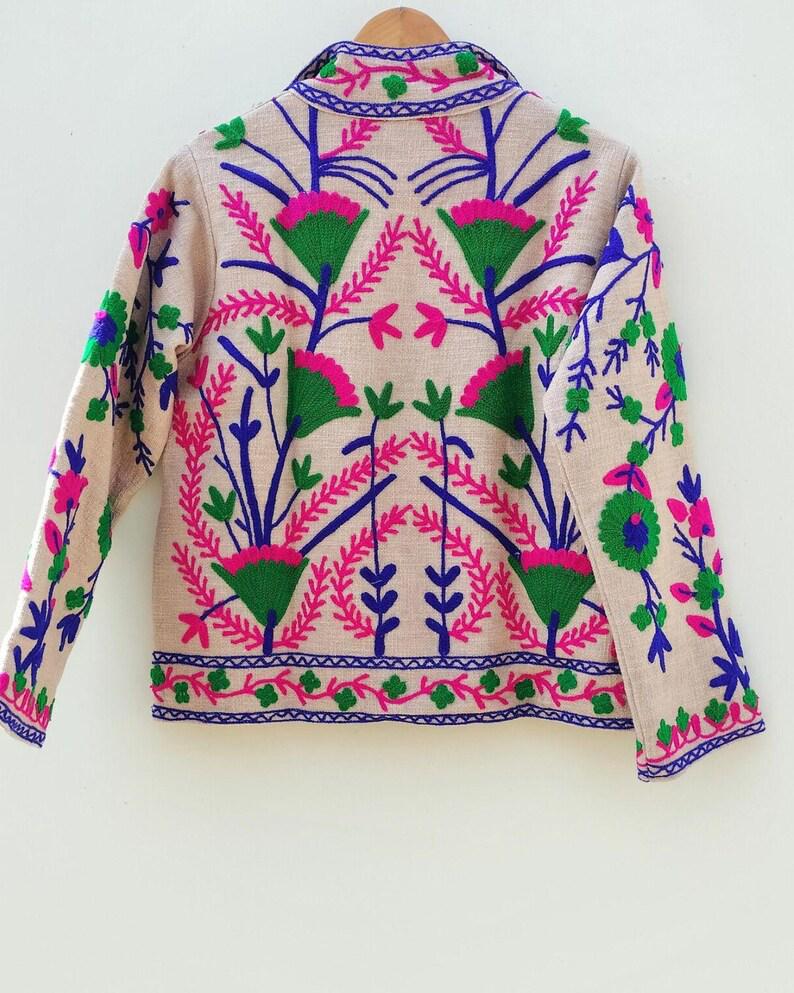 Handmade Cotton Velvet Suzani Embroidered Jacket: Boho Floral Duster Coat Bohozani