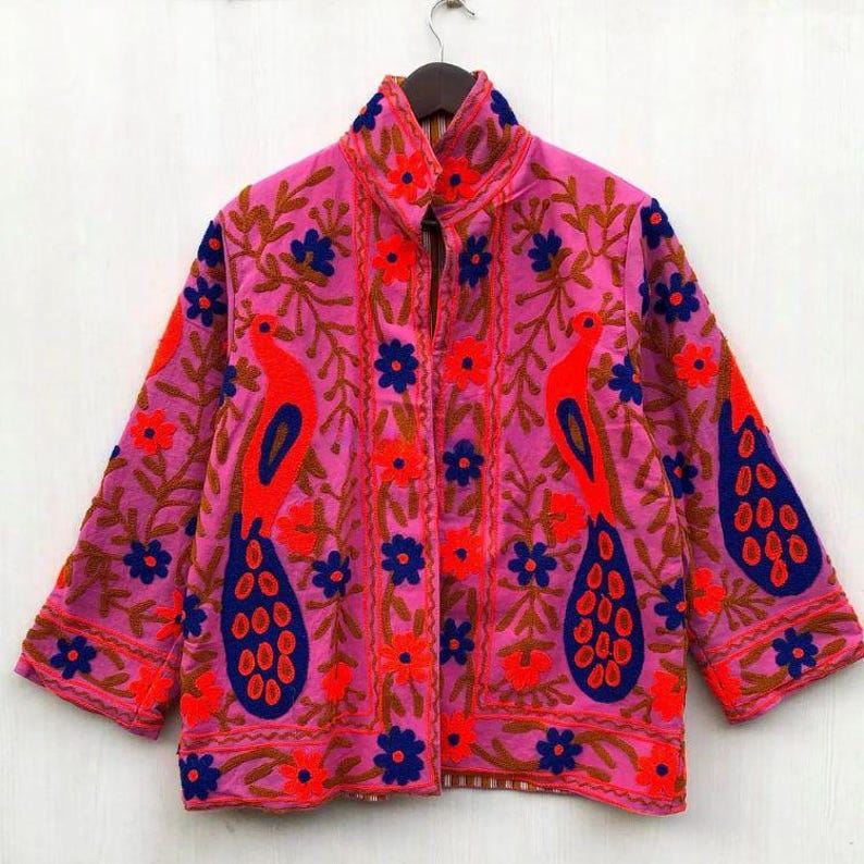 Handmade Velvet Suzani Jacket | Embroidered Peacock Floral Outerwear Bohozani