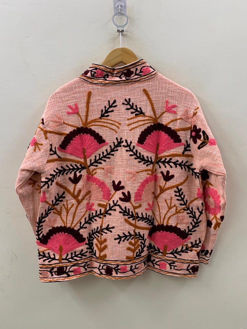 Embroidered Cotton Velvet Suzani Jacket, Bohemian Floral Folk Art Coat Bohozani