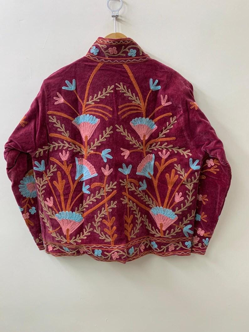 Handmade Red Velvet Suzani Jacket | Embroidered Bohemian Cropped Coat Bohozani