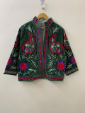 Green Velvet Floral Suzani Jacket | Uzbek Embroidered Coat, Festival Outerwear Bohozani