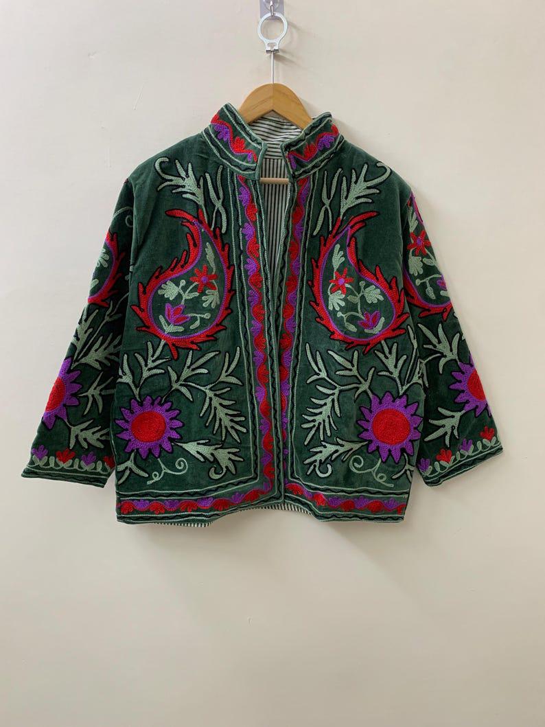Green Velvet Floral Suzani Jacket | Uzbek Embroidered Coat, Festival Outerwear Bohozani