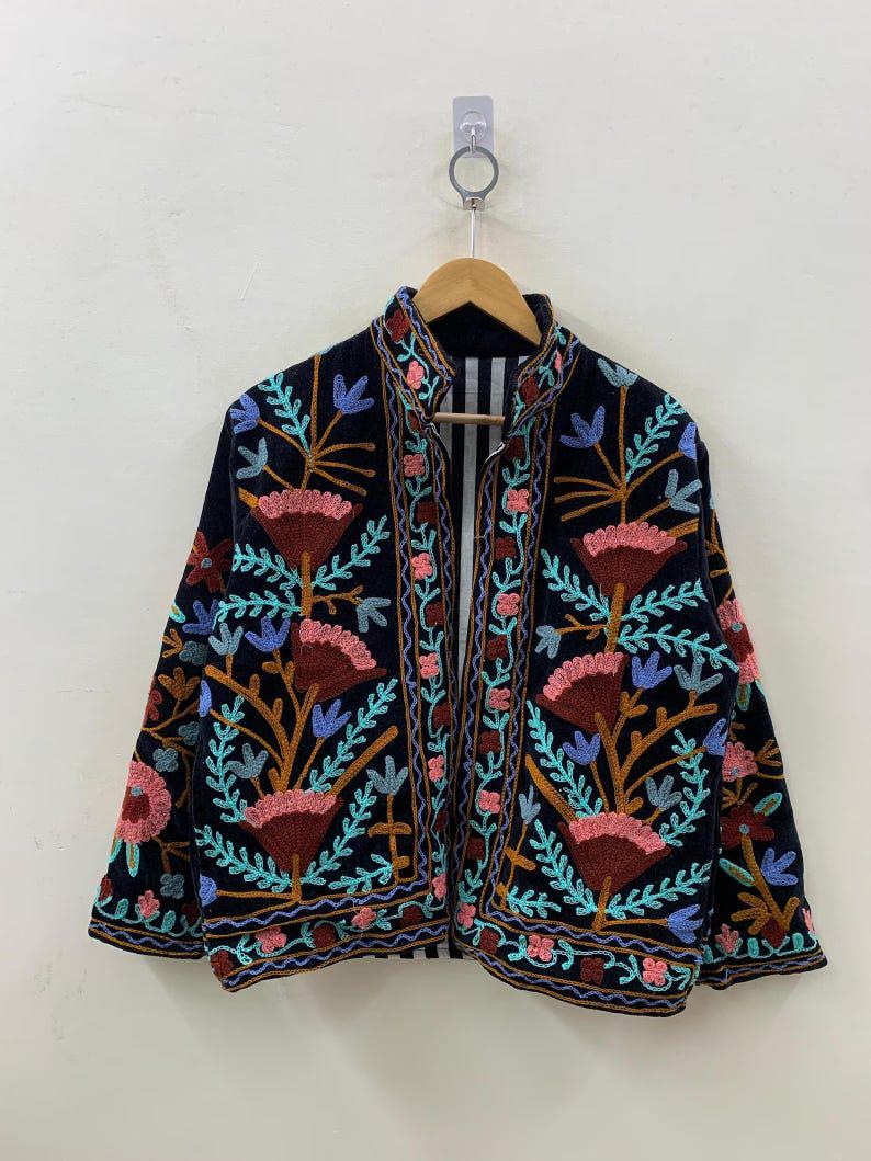 Black Velvet Suzani Embroidered Kimono Jacket | Boho Outerwear Bohozani