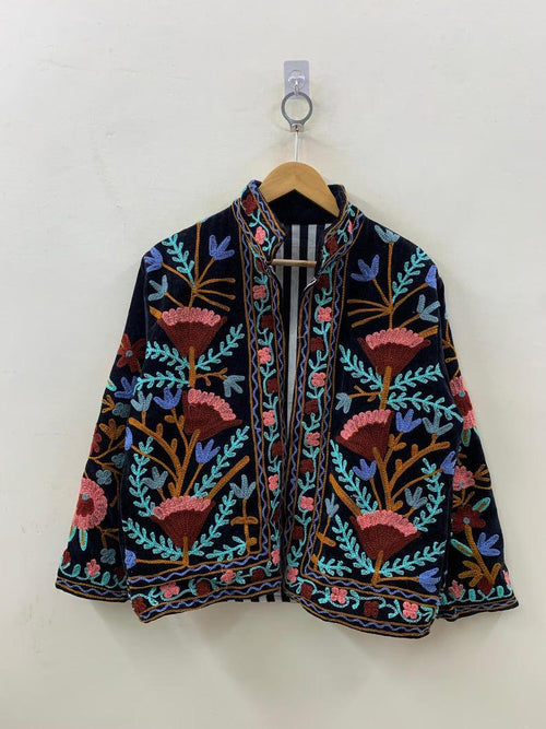 Black Velvet Suzani Embroidered Kimono Jacket | Boho Outerwear Bohozani