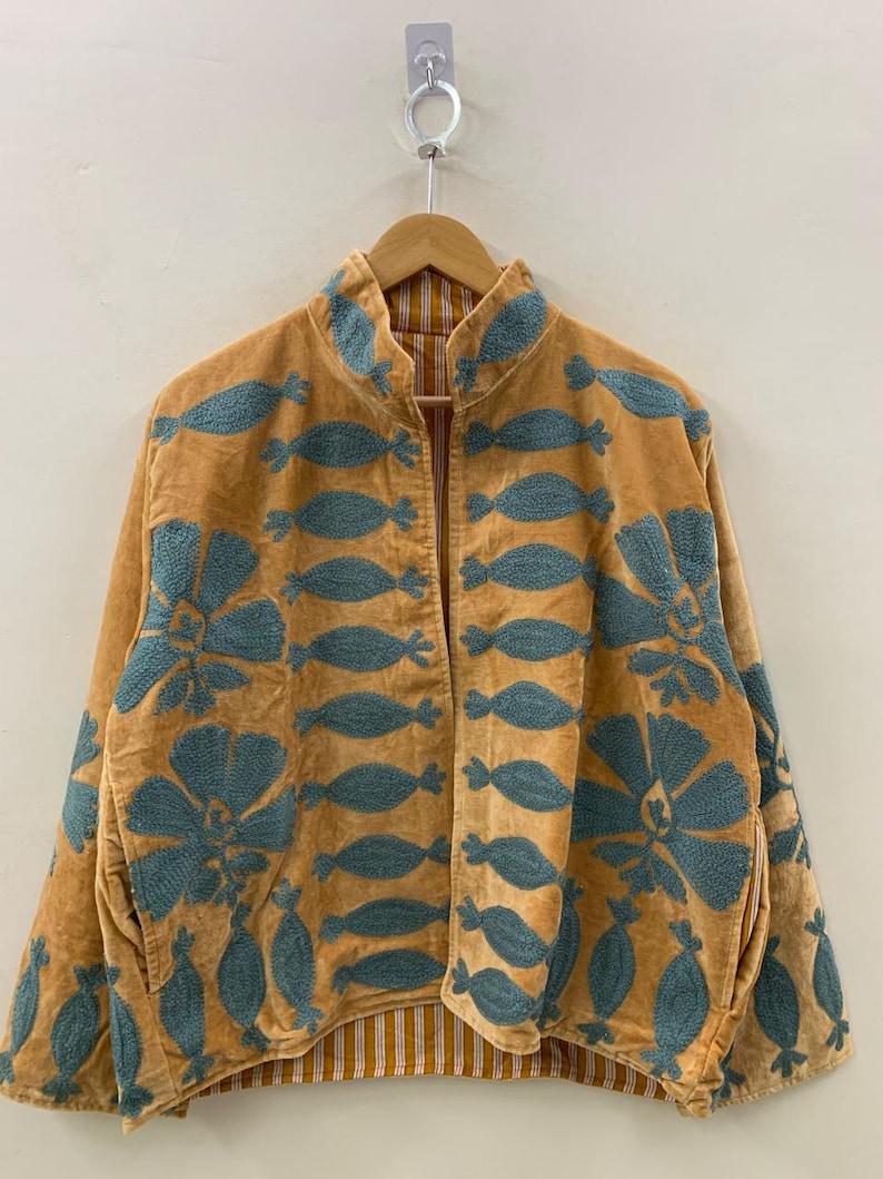 Velvet Blue Suzani Jacket – Hand-Embroidered Boho Ethnic Kimono Outerwear Bohozani