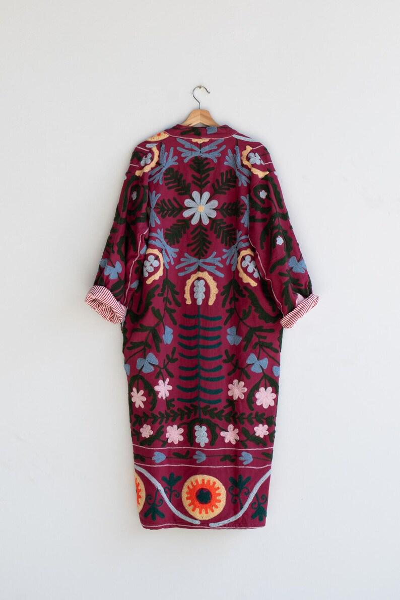 Hand Embroidered Suzani Kaftan – Organic Cotton Boho Kimono Coat Bohozani