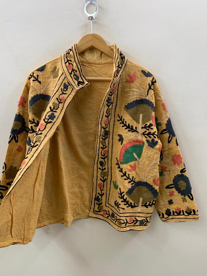 Yellow Embroidered Suzani Jacket, Floral Boho TNT Cotton Blend Coat, Gift For Her Bohozani