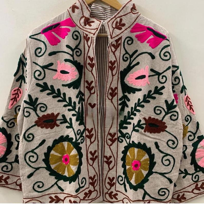Hand-Embroidered Velvet Suzani Jacket, Floral Boho Cropped Coat Bohozani