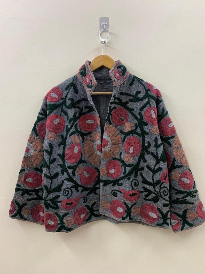 Vintage Cotton Suzani Embroidered Jacket | Floral Boho Statement Outerwear Bohozani