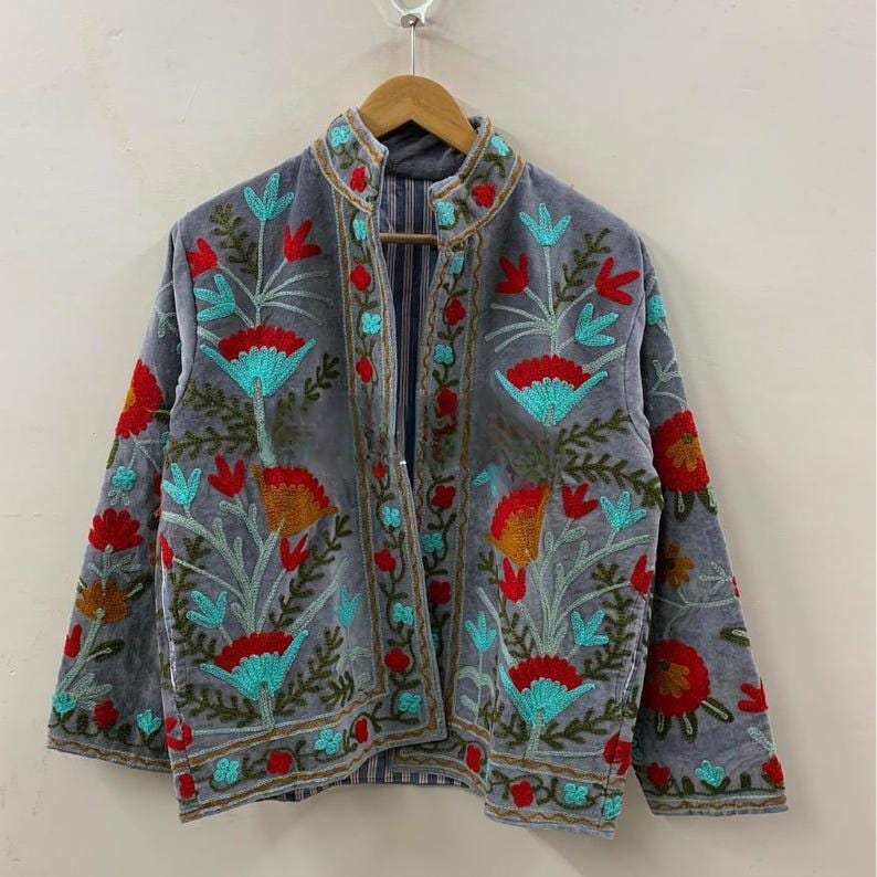 Embroidered Velvet Cropped Jacket | Colorful Suzani Floral Outerwear Bohozani
