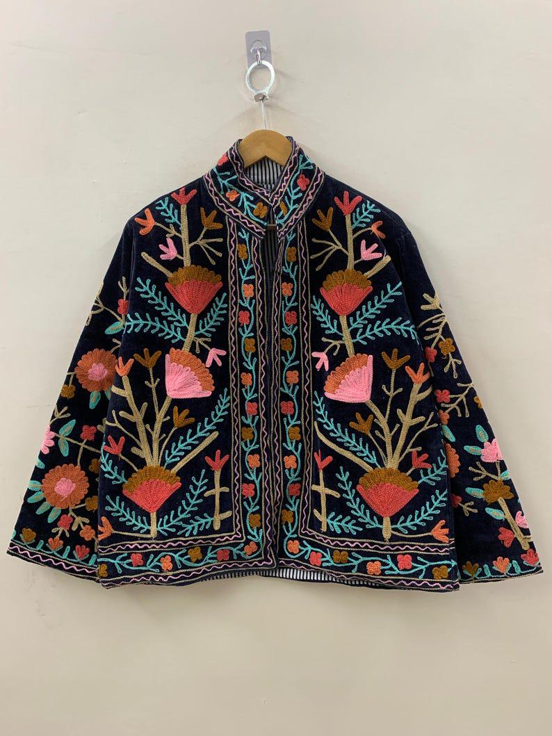 Antique Black Color Velvet Suzani Jacket – Hand-Embroidered Boho Ethnic Kimono Outerwear Bohozani