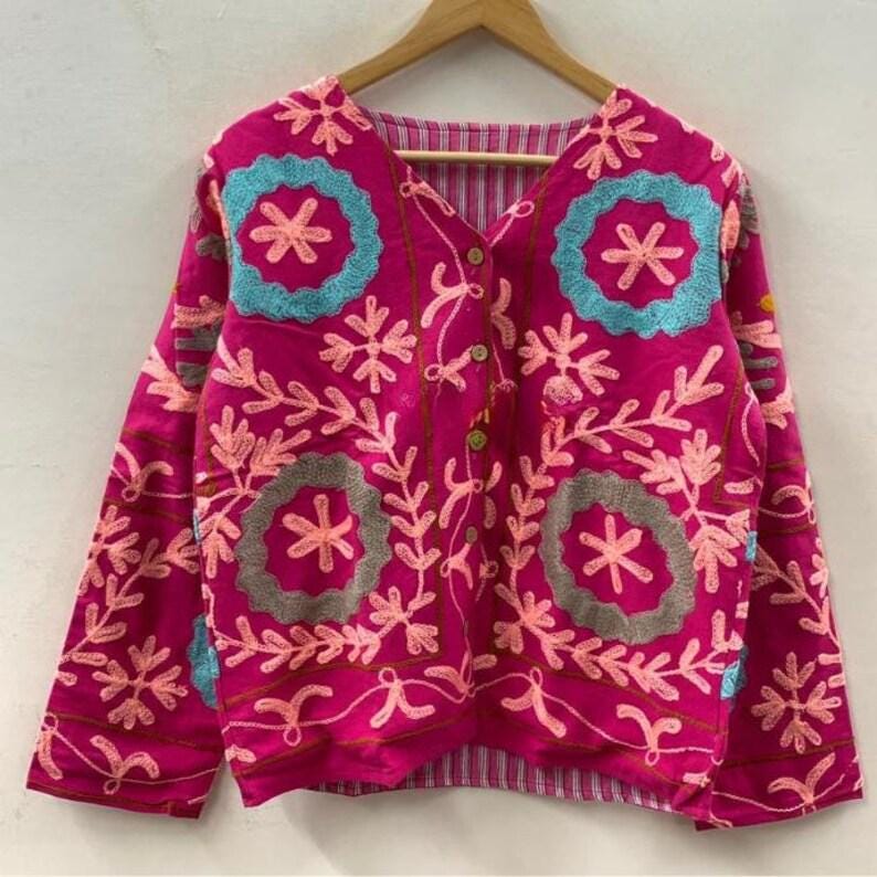 Pink Handmade Floral Red Velvet Suzani Embroidered Jacket Bohozani