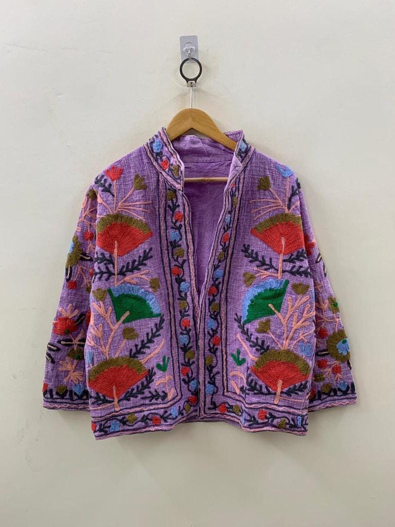 Purple Cotton Velvet Suzani Embroidered Jacket | Floral Folk Art Boho Outerwear Bohozani
