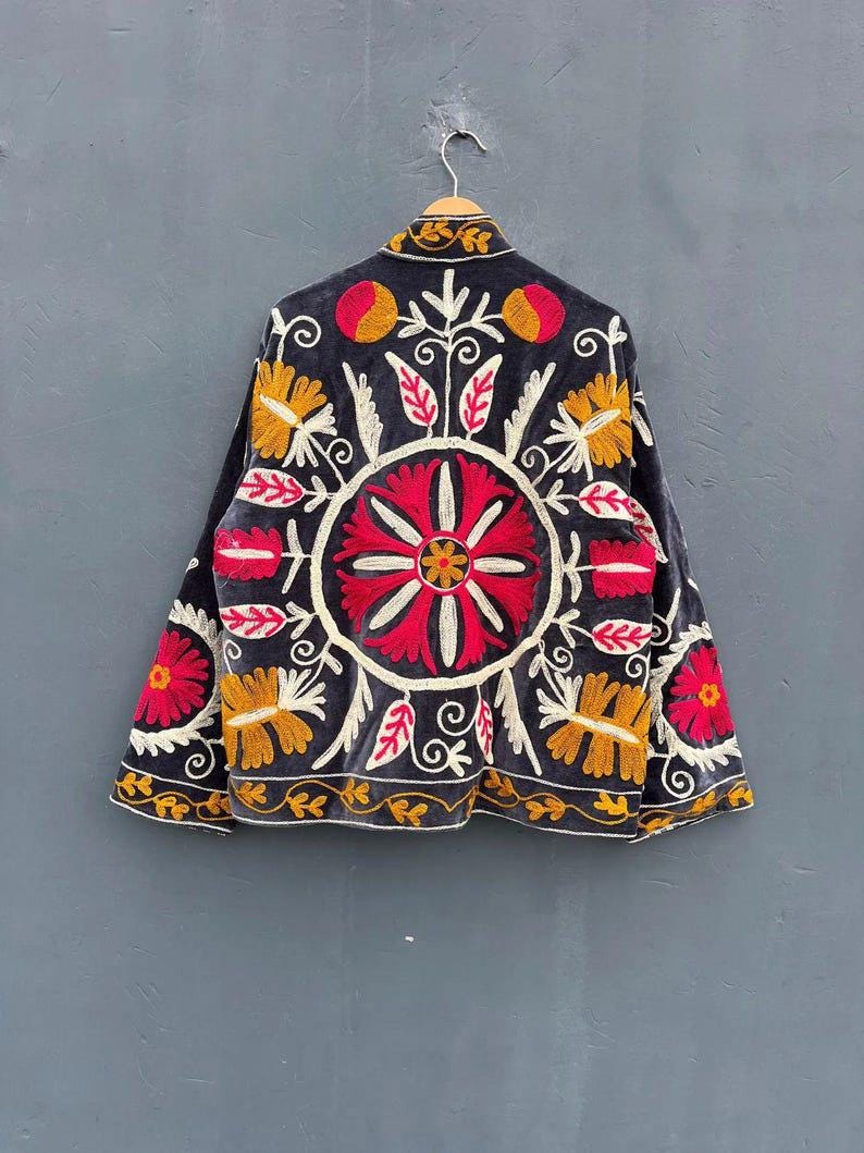 Embroidered Velvet Suzani Jacket | Handcrafted Floral Winter Coat Bohozani