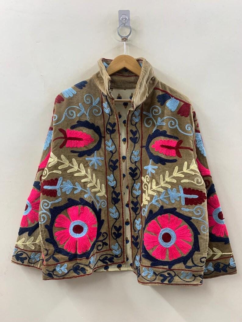 Handmade Velvet Suzani Jacket, Hand Embroidered Boho Coat Bohozani