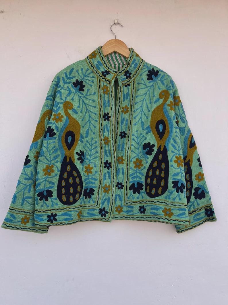 Peacock Embroidered Suzani Jacket | Vibrant Boho Duster | Gift For Her Bohozani