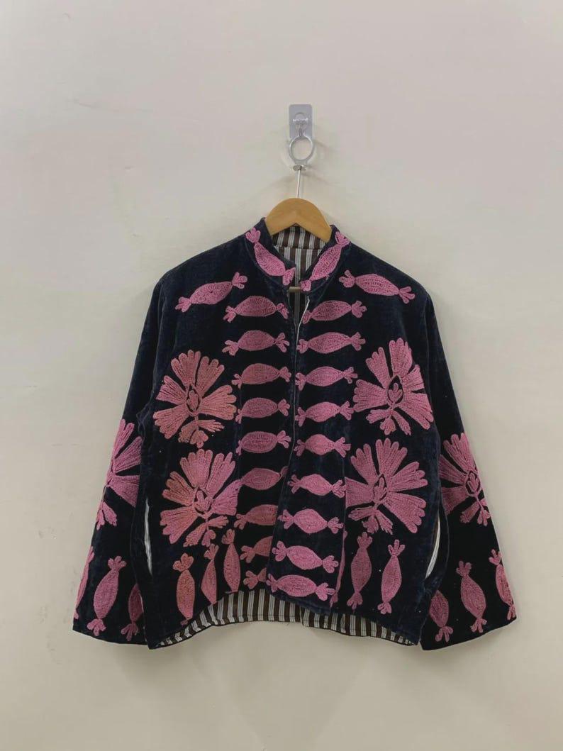 Black Velvet Embroidered Suzani Jacket | Artisan Boho Coat Bohozani