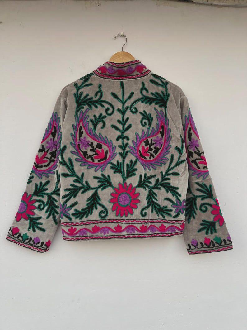 Handmade Suzani Velvet Cropped Jacket | Embroidered Floral Bohemian Coat |Gift For Her Bohozani