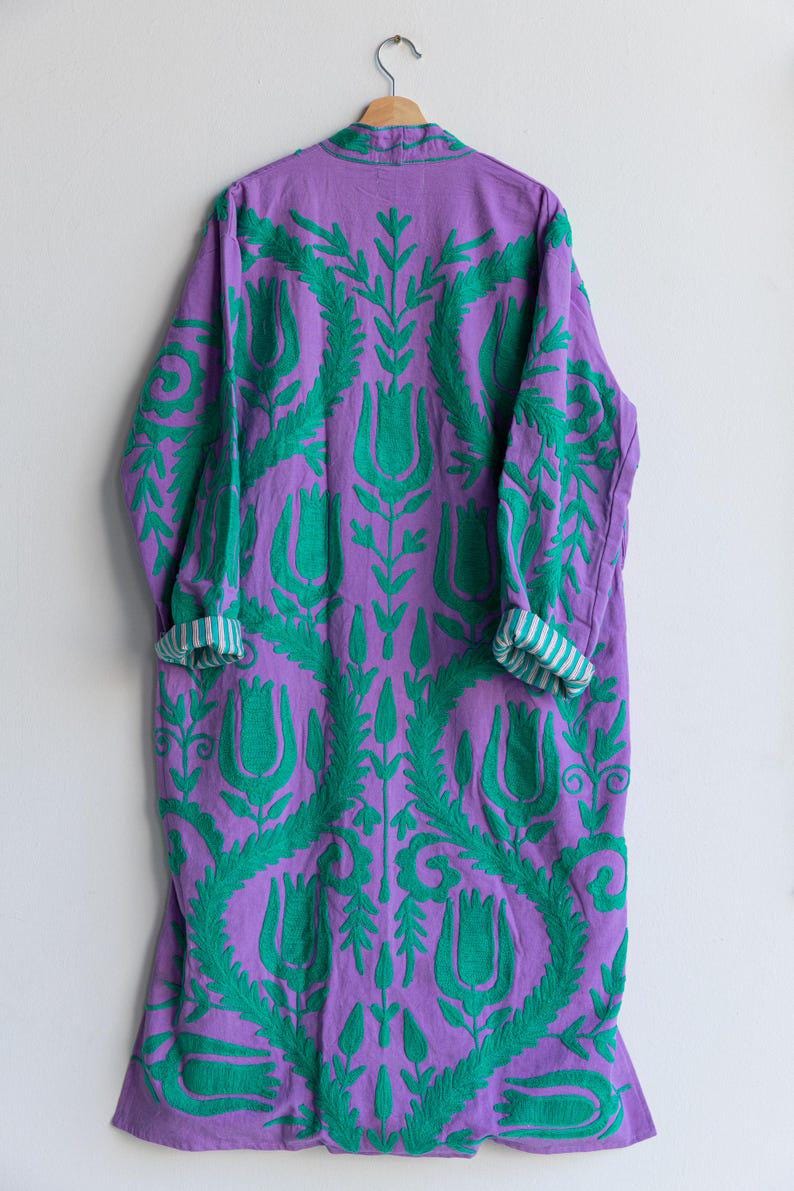 Purple Hand Embroidered Suzani Kaftan – Organic Cotton Boho Kimono Coat Bohozani