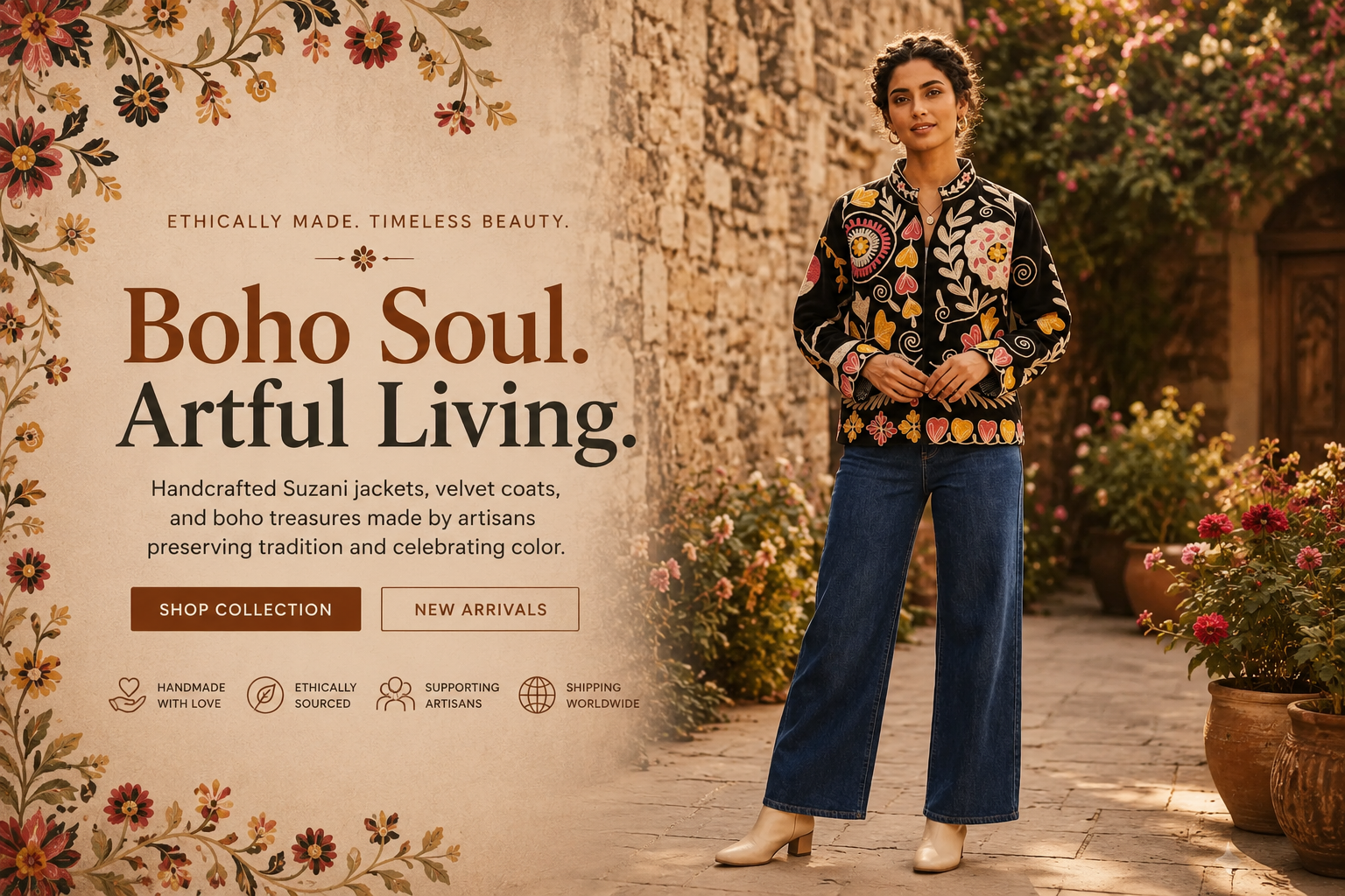Woman in a floral blouse and blue jeans standing in front of a decorative wall with text about 'Boho Soul' and 'Artful Living'.