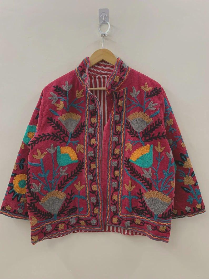Embroidered Velvet Cropped Jacket | Colorful Suzani Floral Outerwear Bohozani