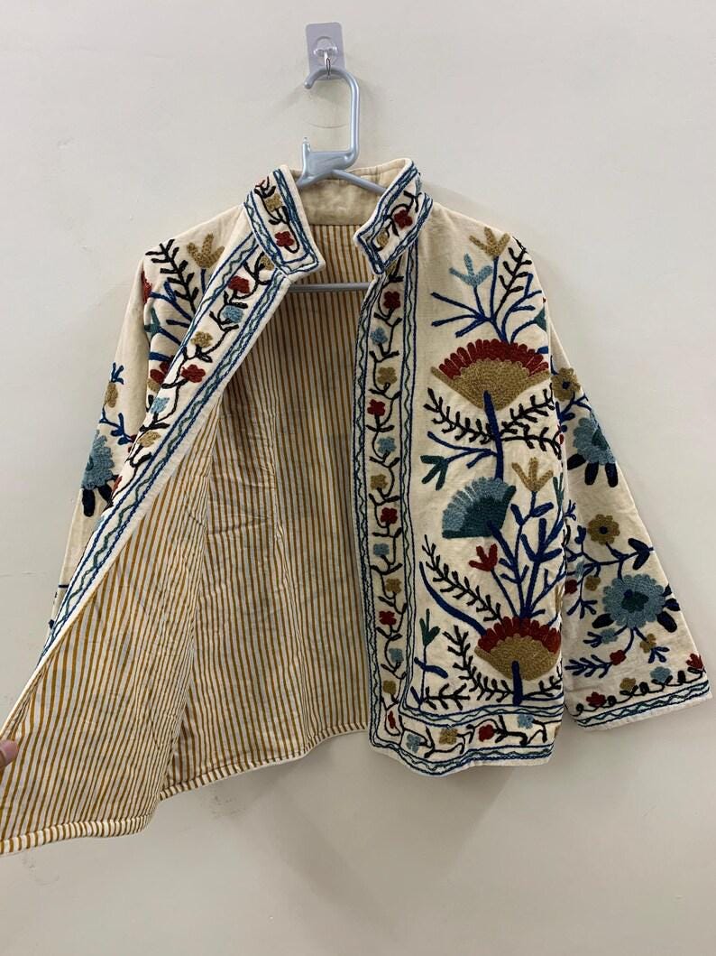 White Velvet Suzani Jacket – Hand-Embroidered Boho Ethnic Kimono Outerwear Bohozani