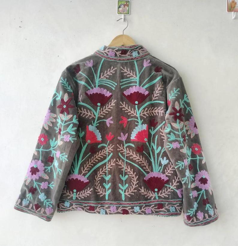 Grey Velvet Suzani Embroidered Jacket, Floral Boho Ethnic Coat Bohozani