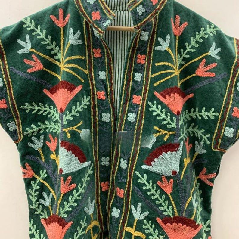 Embroidered Velvet Suzani Vest with Belt – Boho Festival Waistcoat Jacket Bohozani