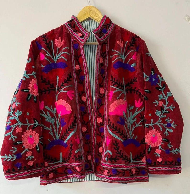 Handmade Floral Suzani Jacket – Embroidered Coat, Boho Vintage Style Outerwear, Festival Chic Bohozani