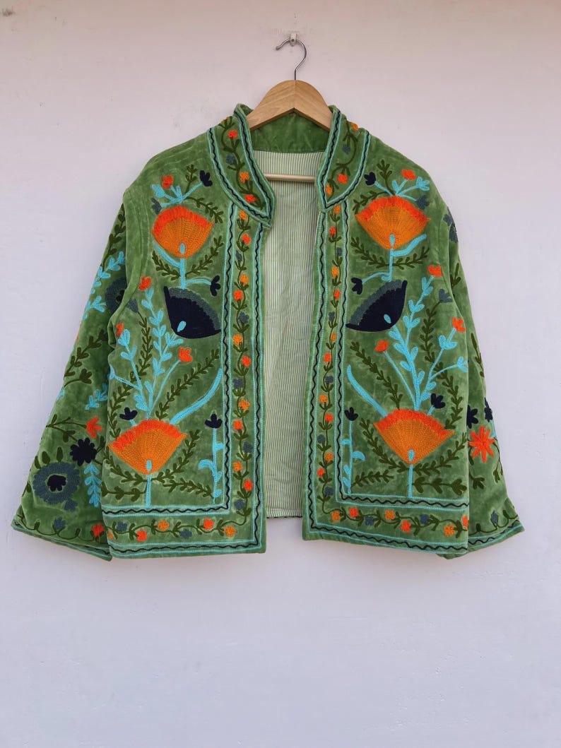 Green Handmade Velvet Suzani Kimono Jacket | Embroidered Uzbek Coat | Gift For Her Bohozani