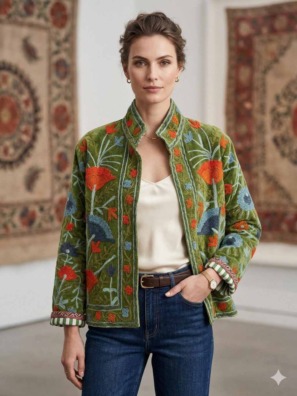 NEW COLLECTION Green Hand-Embroidered Velvet Suzani Jacket – Boho Ethnic Kimono Outerwear Mother's Day Gift Bohozani