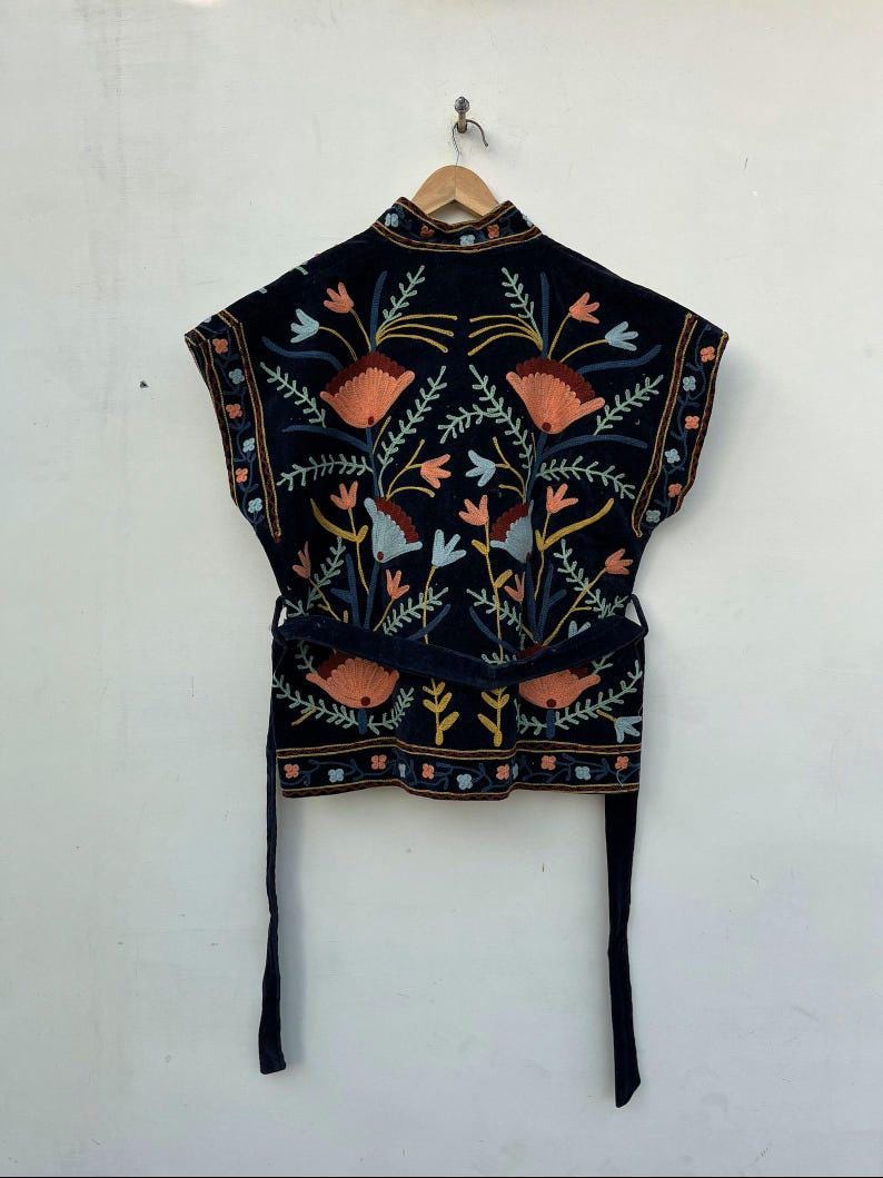 Black Velvet Suzani Embroidered Vest with Belt | Boho Festival Waistcoat Jacket Bohozani